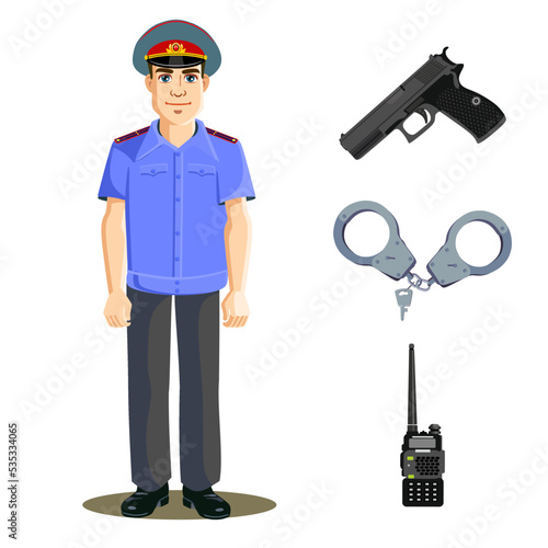 A policeman in a Russian uniform with the attributes of his work.