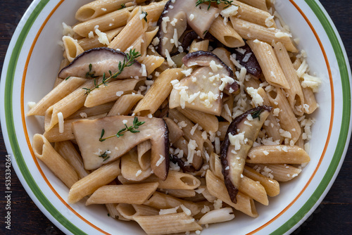 Penne pasta with boletus porcini mushroooms, parmesan cheese, rosemary and garlic on the plate. Top view on wooden table photo