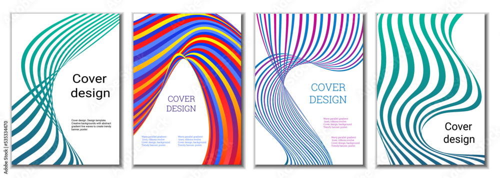 A set of 4 abstract covers. Wavy parallel gradient lines, ribbons evolve. Cover design, background. Trendy banner, poster. A set of 4 abstract covers. Wavy parallel gradient lines, ribbons evolve. Cover design, background. Trendy banner, poster.