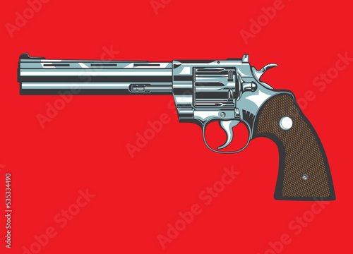 Vector illustration of a colt or magnum revolver with a brown handle on a red isolated background