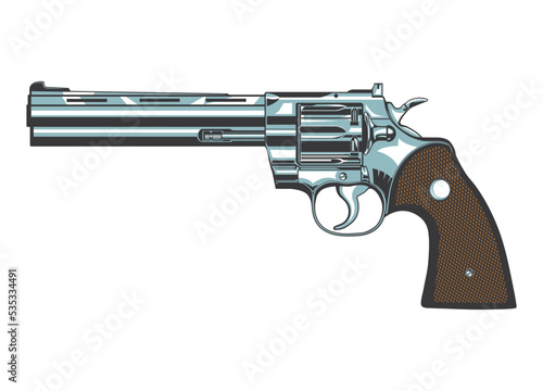 Vector illustration of a colt or magnum revolver with a brown handle on a white isolated background