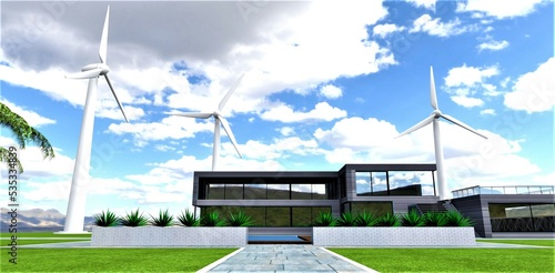 Amazing estate designed with the use of renewable energy sources. Low-vibration noiseless wind generators provide the house and garden with electricity. 3d rendering.