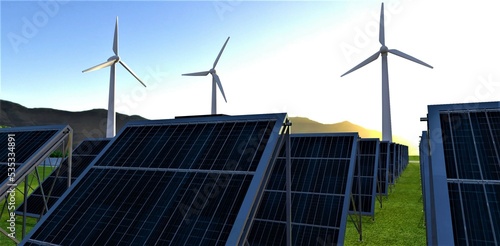 Several rows of photovoltaic panels against the backdrop of the setting sun. Behind are three powerful low-vibration noiseless wind generators. 3d rendering.