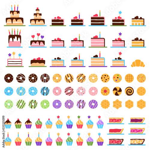 Pastry elements set on white background. Tasty baked healthy dessert collection. Flat biscuit cake donut cookie muffin chocolate pie croissant puff. Cartoon sweet snack french food vector illustration