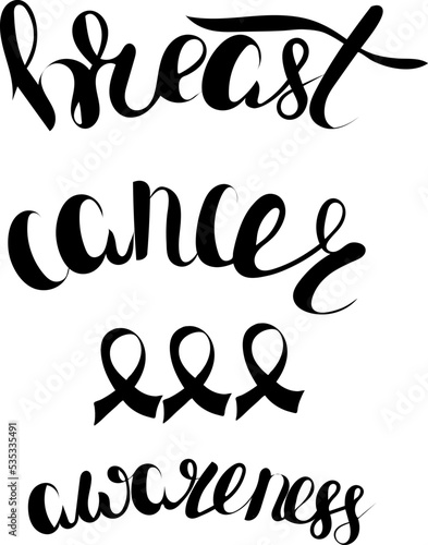 vector lettering breast cancer awareness with ribbons, outline, print for textile, paper design