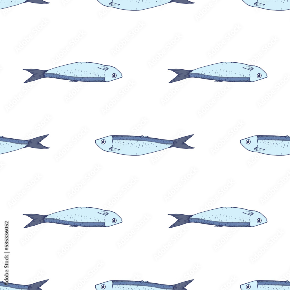 Vector pattern of blue sardines. Seamless pattern of a hand-drawn sketch of a small sardine fish, blue-gray with a blue outline, side view, horizontally isolated seafood on white for a design template Vector pattern of blue sardines. Seamless pattern of a hand-drawn sketch of a small sardine fish, blue-gray with a blue outline, side view, horizontally isolated seafood on white for a design template