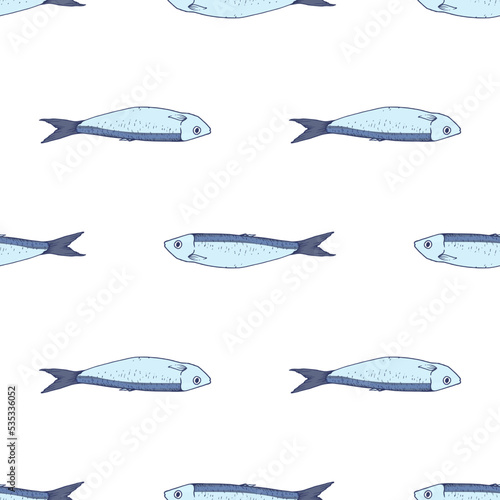 Vector pattern of blue sardines. Seamless pattern of a hand-drawn sketch of a small sardine fish, blue-gray with a blue outline, side view, horizontally isolated seafood on white for a design template
