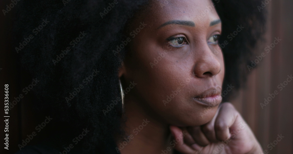 Preoccupied African woman. Pensive stressed black person feeling anxiety