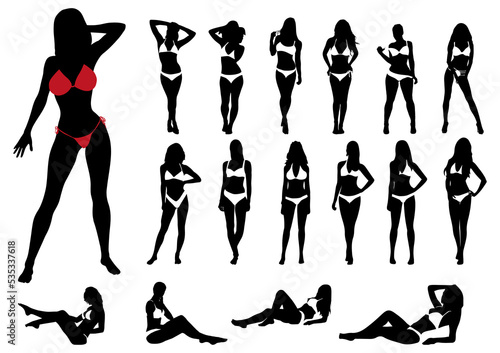 Collection of sexy women silhouette in bikini on white background 