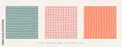 Calm pastel trendy pattern set in minimalistic style. Trendy palette striped patterns for warm and cosy home decor, packaging design or web design. Pack of three seamless vector patterns.