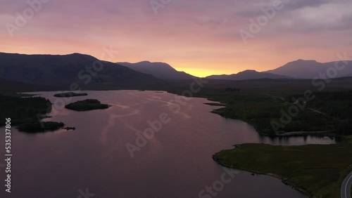 Aerial view over Lough at sunset, Lake Inagh, Connemara, Galway Ireland  photo