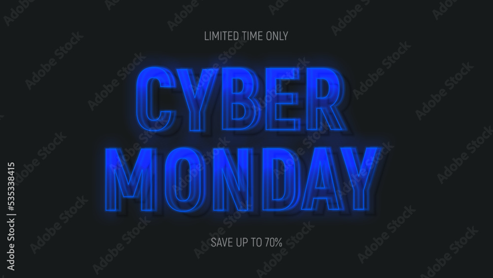 Cyber Monday Sale banner template. Realistic 3d neon signboard. Cyber Monday neon lettering for decoration of discount event. Vector illustration for decoration of sale banners, posters, flyers.