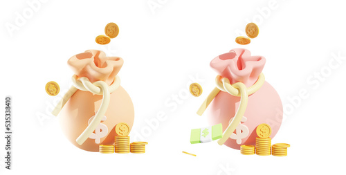 set collection 3D Money concept. money bag, coins stack and banknotes. isolated 3d render illustration