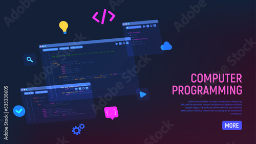 Concept of computer programming or developing software or game. Vector 3d illustration with coding symbols and programming windows. Concept of Information technologies and computer engineering.