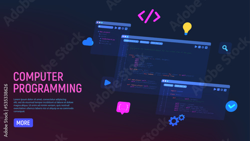 Concept of computer programming or developing software or game. Vector 3d illustration with coding symbols and programming windows. Concept of Information technologies and computer engineering.