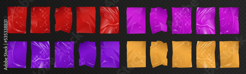 Plastic polyethylene set vector illustration. 3d realistic yellow, red and purple wrinkled film material for packages and bags with glossy effect and silk texture, shiny wrapper and silky drapery
