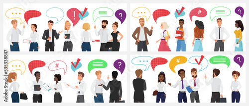 People with speech bubbles vector illustration. Cartoon isolated man and woman with dialog or brainstorm balloons above heads communicate  characters talk and think about answer to question or idea