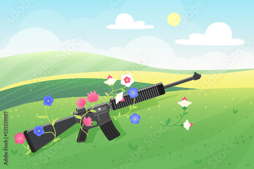 Wild flowers on gun, symbol of peace and love, stop war and terrorism, hippie antithesis vector illustration. Cartoon green spring grass landscape with trendy floral decoration on metal weapon