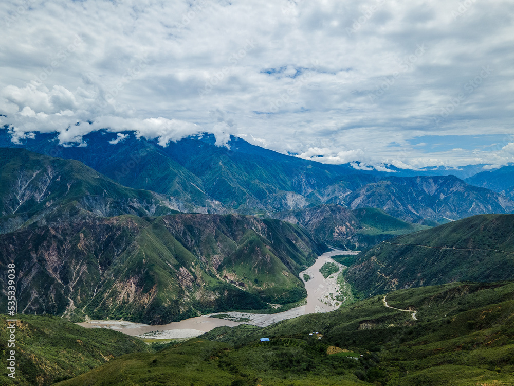 Obraz premium aerial view of national park in Colombia, geological fault canyon of the Mesa de los Santos