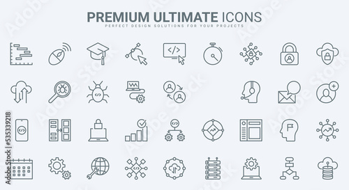 Support for computer software, program code thin line icons set vector illustration. Outline maintenance of cloud service, data export, modify and synchronisation with server, antivirus programming