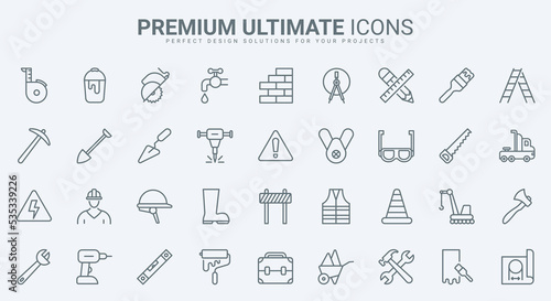 Building construction and repair equipment and tools thin line icons set vector illustration. Outline builder in helmet, protection boots, roulette level and crane, electricity and brickwork symbols
