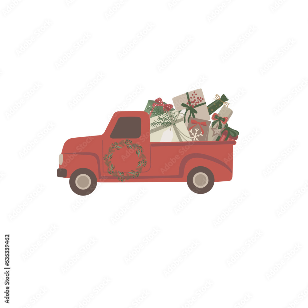 Fototapeta premium Red Truck with Gifts. Vector