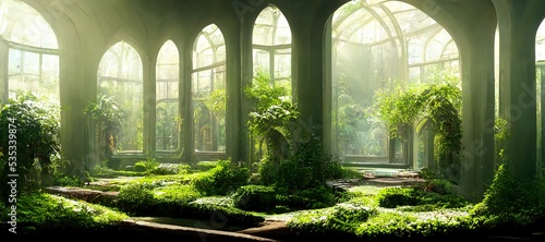 Raster illustration of a building with large stained-glass windows and arches. Mystical and mysterious rooms in green plants. 3D render.
