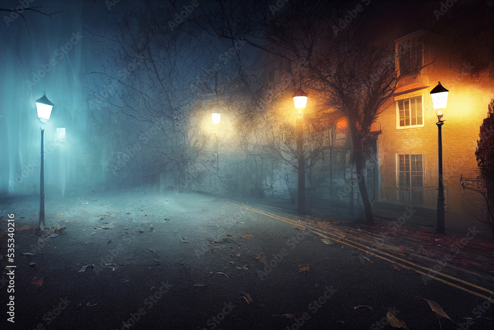 misty spooky street on Halloween night - obrazy, fototapety, plakaty 