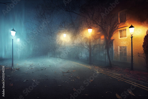 misty spooky street on Halloween night
