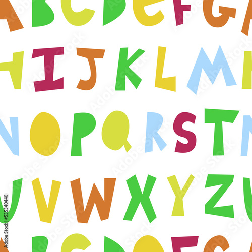 Vector seamless pattern of roughly carved multicolored alphabet letters