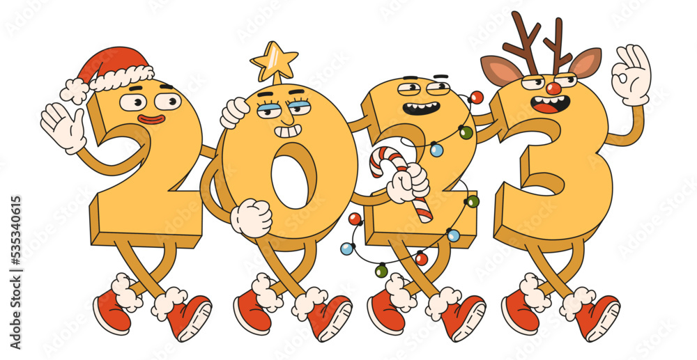 Obraz premium Happy New Year 2023. Numbers 2023 with Santa Claus hat, reindeerdeer antlers, star and garland in trendy retro cartoon style. Christmas background, calendar, greeting card, template, poster, print.