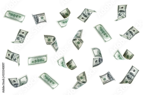 Money stack. Hundred dollars of America. Falling money isolated, us bill background. photo