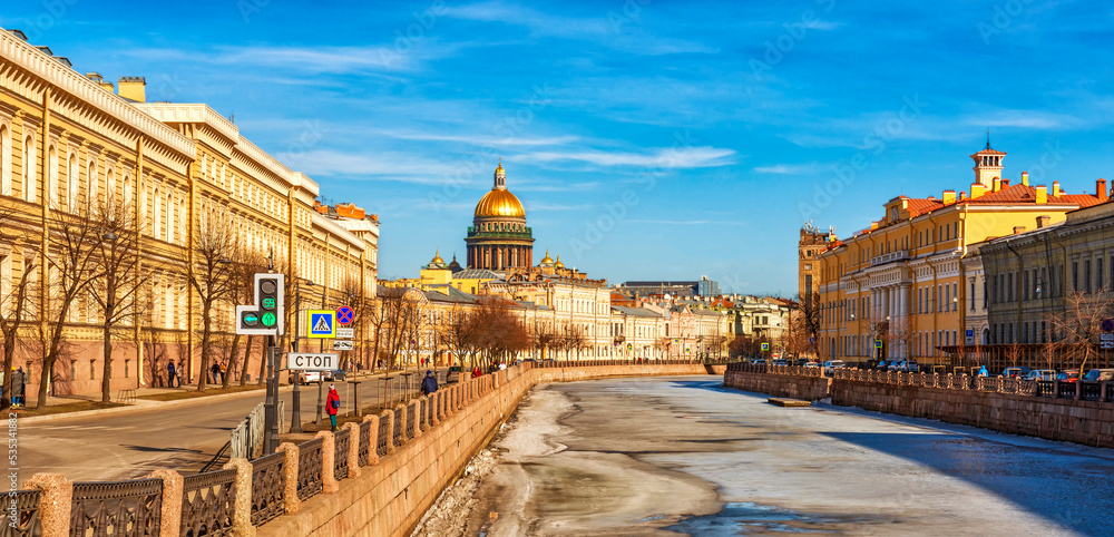 Saint Petersburg Russia panorama from the side of the Potseluev Bridge on the Moika River and Bolshaya Morskaya Street and Moika embankment