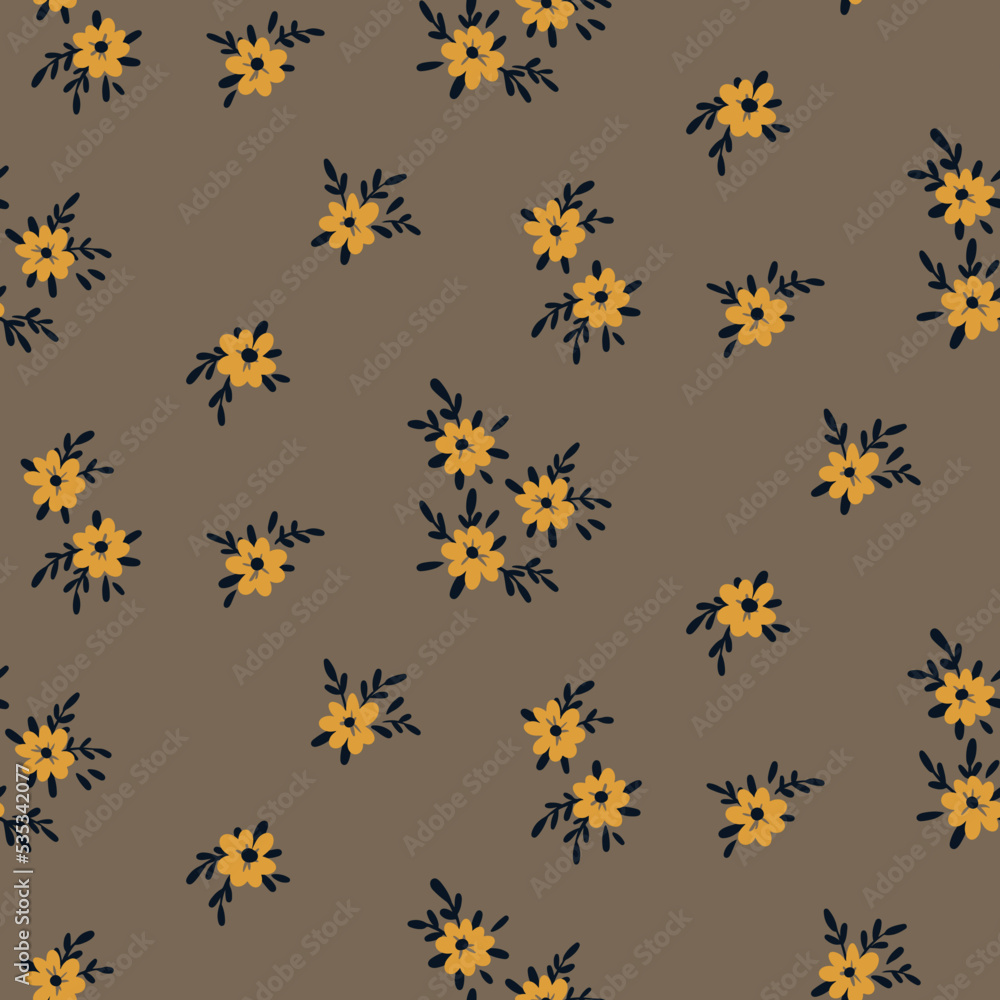 Seamless floral pattern, cute ditsy print with vintage motifs. Romantic botanical background design with sparse  plants: small yellow flowers,  leaves on brown surface. Vector illustration.