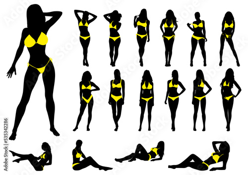 Set of sexy women silhouette in bikini on white background