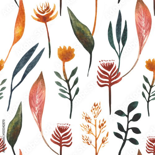 Hand drawn watercolor seamles pattern with autumn leaves  dried flowers. For design on the theme of Halloween  Thanksgiving  autumn farm fairs