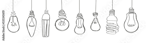 Light bulb set vector in line, dodle style. Hand drawn electrical lamps, bulbs. Process of solving, unleashing problems. Brainstorming vector concept. photo