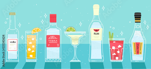 Different cocktails and alcohol on the table. Illustration with alcoholic beverage. Vector bright hand draw illustration.Wall decoration, prints, menu design. Vodka, Martini, Jin, Bloody Mary