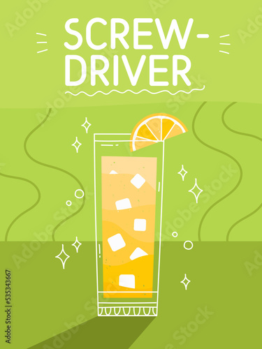 Screwdriver cocktail in glass with ice. Classic summer alcohol drink illustration square card. Minimal poster with alcoholic beverage. Vector bright illustration.Wall decoration, prints, poster