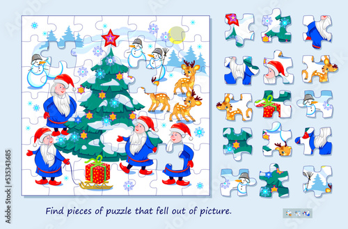 Logic game for children and adults. Find pieces of puzzle that fell out of picture. Page for kids brain teaser book. Task for attentiveness. Developing spatial thinking. Play online. Vector image.