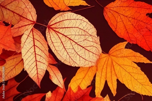 Beautiful autumn leaves on autumn red background sunny daylight horizontal toning