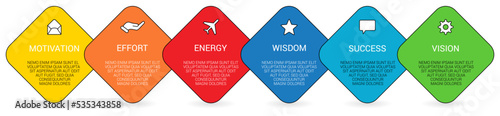 Six rotated squares on the bias arranged next to each other, can be used as infographics element illustrating steps in process