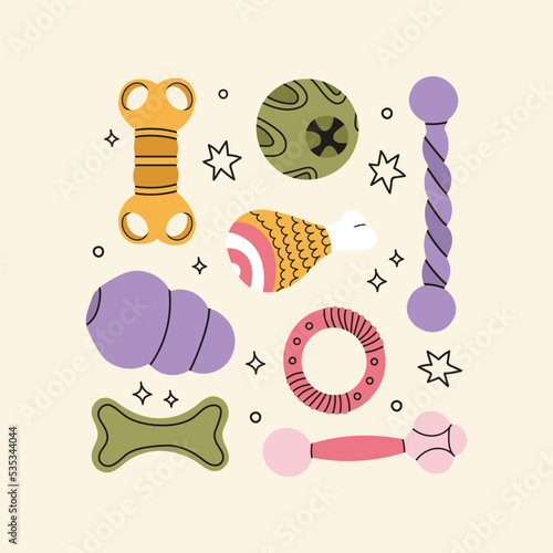 Various bright toys for dogs and cats. The concept of a pet shop. Hand-drawn colorful elements isolated.A piece of twisted rope, bones, ball and training projectile.