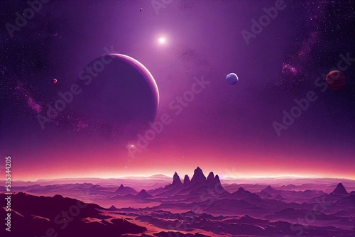 Mars purple space landscape with large planets on purple starry sky  meteors and mountains. Nature on another planet with a huge planet on the horizon