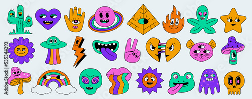 A set of characters in the style of an acid old cartoon with an outline and emotions.