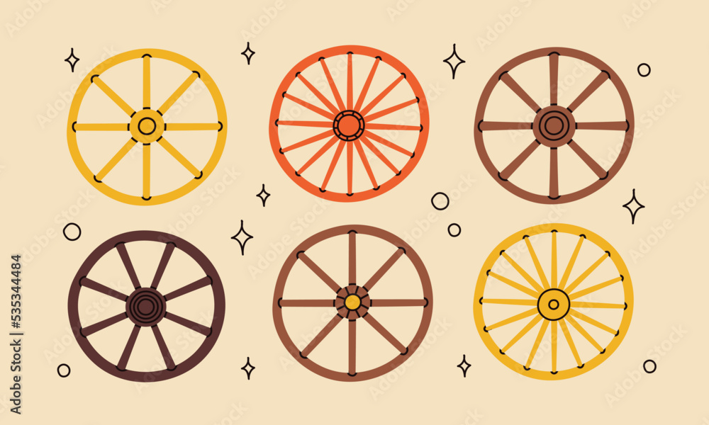 Cowboy western theme wild west concept.Hand drawn colorful vector set. Elements are isolated.Different set of wooden wheels. Hand drawn colored flat vector illustration.
