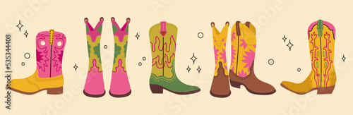 Cowboy western theme wild west concept. Various cowboy boots. Wild West Clipart icons. Hand drawn colored Vector set. All elements are isolated.Hand drawn colored flat vector illustration. photo