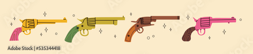 Cowboy western theme wild west concept.Hand drawn colorful vector set. Elements are isolated.Different set of cowboy guns. Hand drawn colored flat vector illustration.