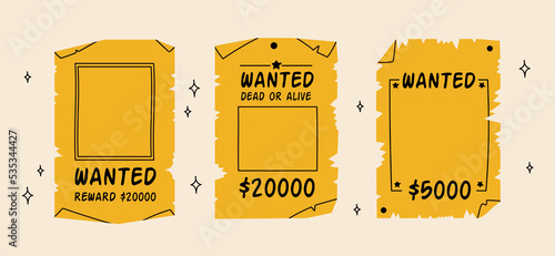Wanted posters . Wild west outlaw gangster. Western reward flyer. Vector illustration. Old wanted placard poster template, with inscription, money cash reward as in western movies