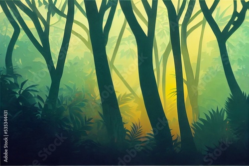 Sunlit beams in misty forest illustration